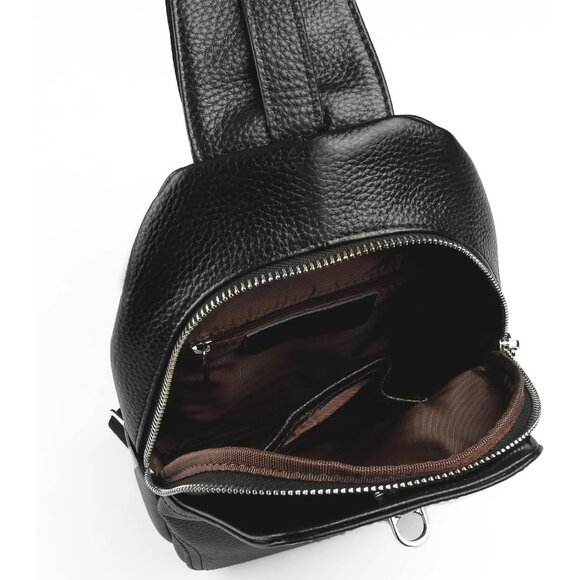 Genuine Leather Sling Bag Unisex Crossbody Purse Travel Daypack Black - Picture 5 of 7